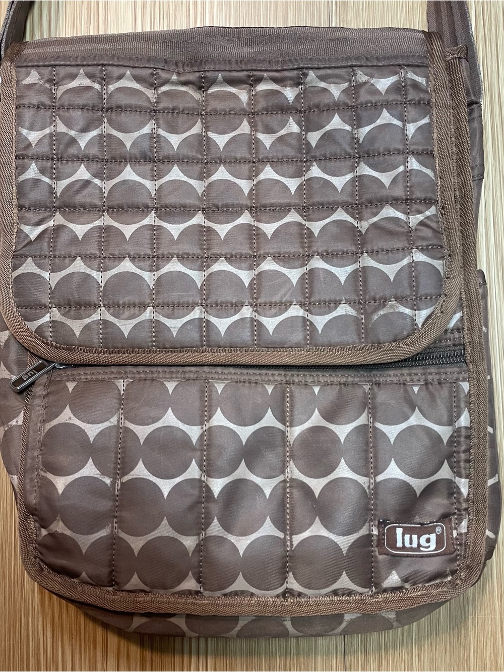 LUG Brown Dot Quilted Crossbody Messenger Bag Travel Organizer Pocket